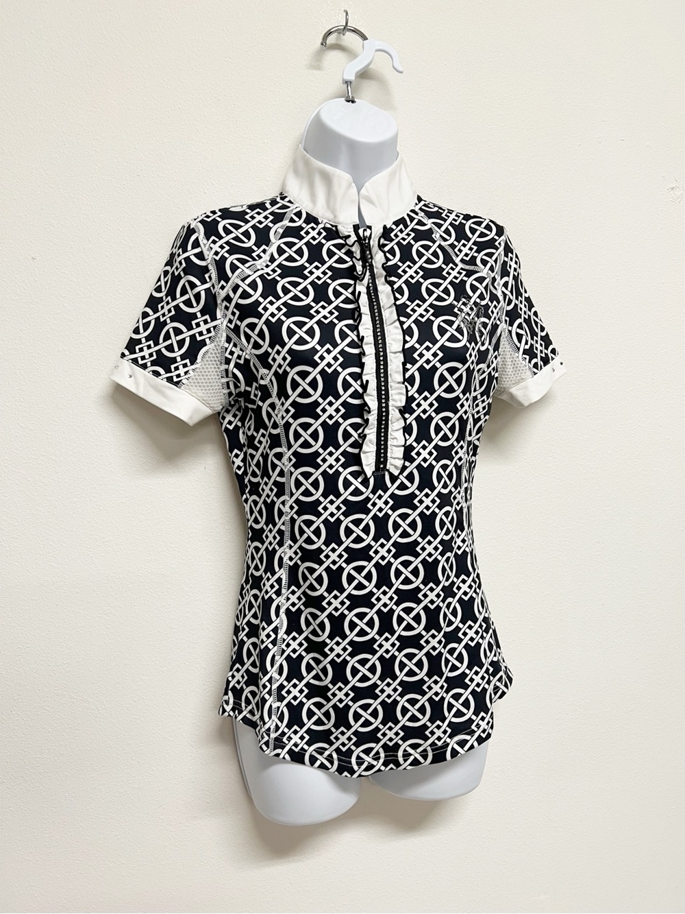 Goode Rider Womens Black Patterened Ideal Show Ruffle Half Zip Shirt Size XS - Picture 7 of 12